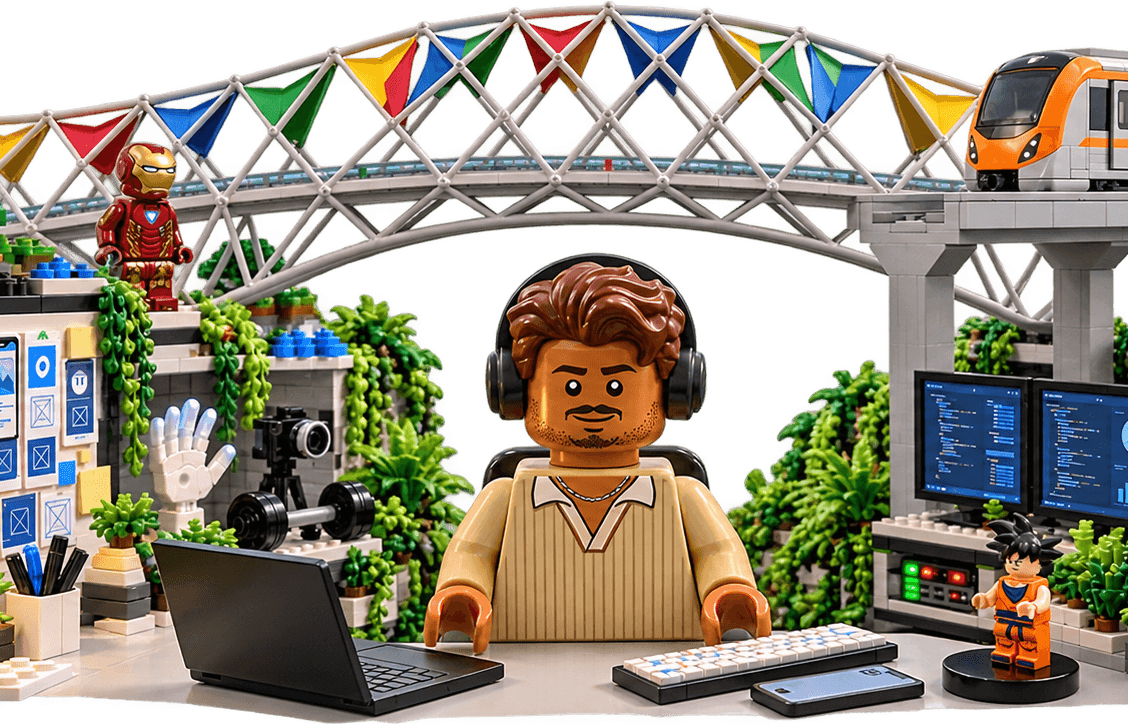 Mohit as a LEGO figure in headphones at his desk, with a laptop and keyboard, code on two monitors, plants all around, and a metro train crossing a bridge hung with flags above.