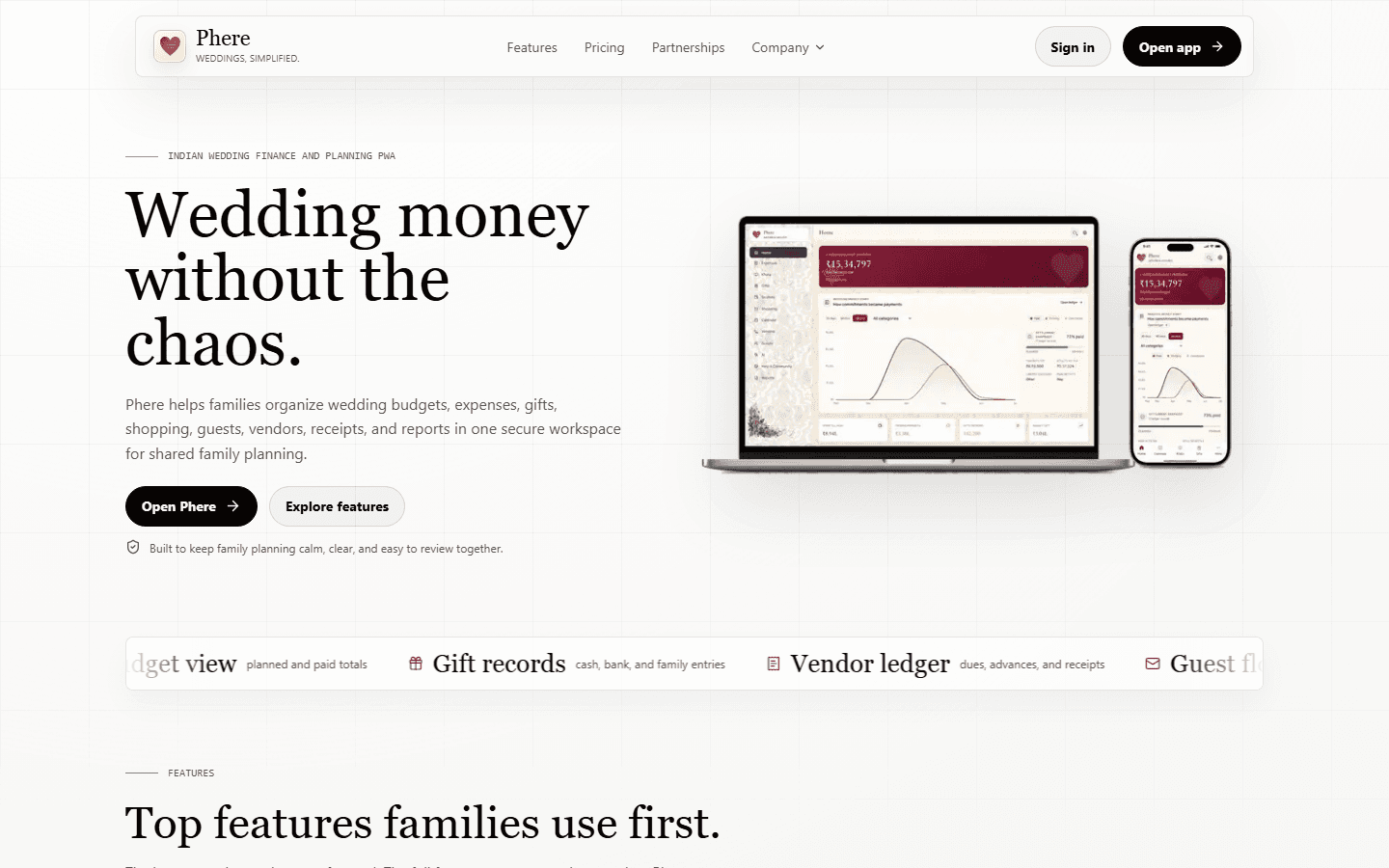 Phere product website, first screen