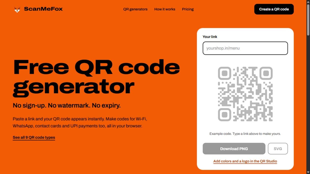 ScanMeFox website showing its browser-based QR code generator