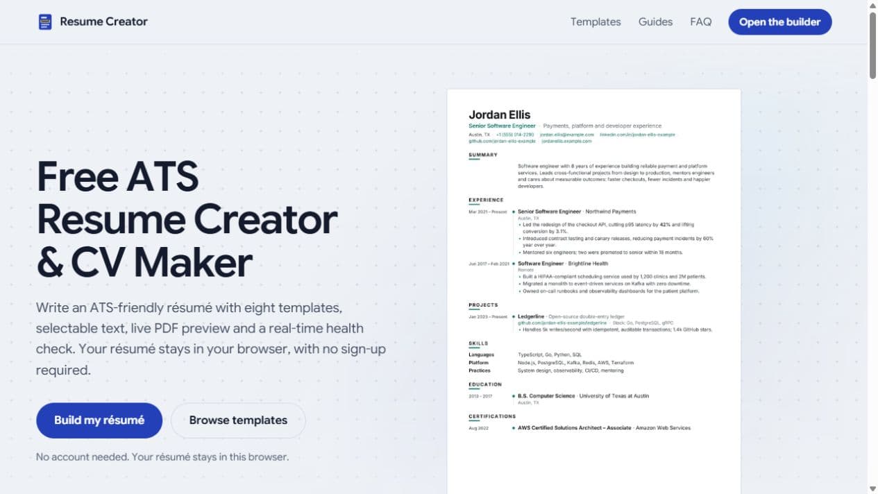 Resume Creator website showing its résumé builder and template preview